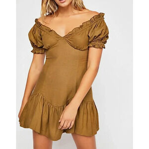 Jen's Pirate Booty Night Bird Mini Smocked Green Linen Blend Dress Size XS